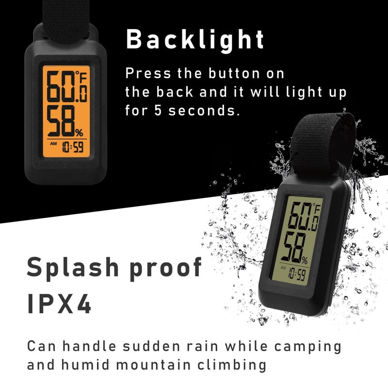 dretec Portable Digital Thermometer Hygrometer Splash Proof IPX4 Clock Function Backlight for Backpacking, Skiing, Outdoor Thermometer Activity Black - Image 5